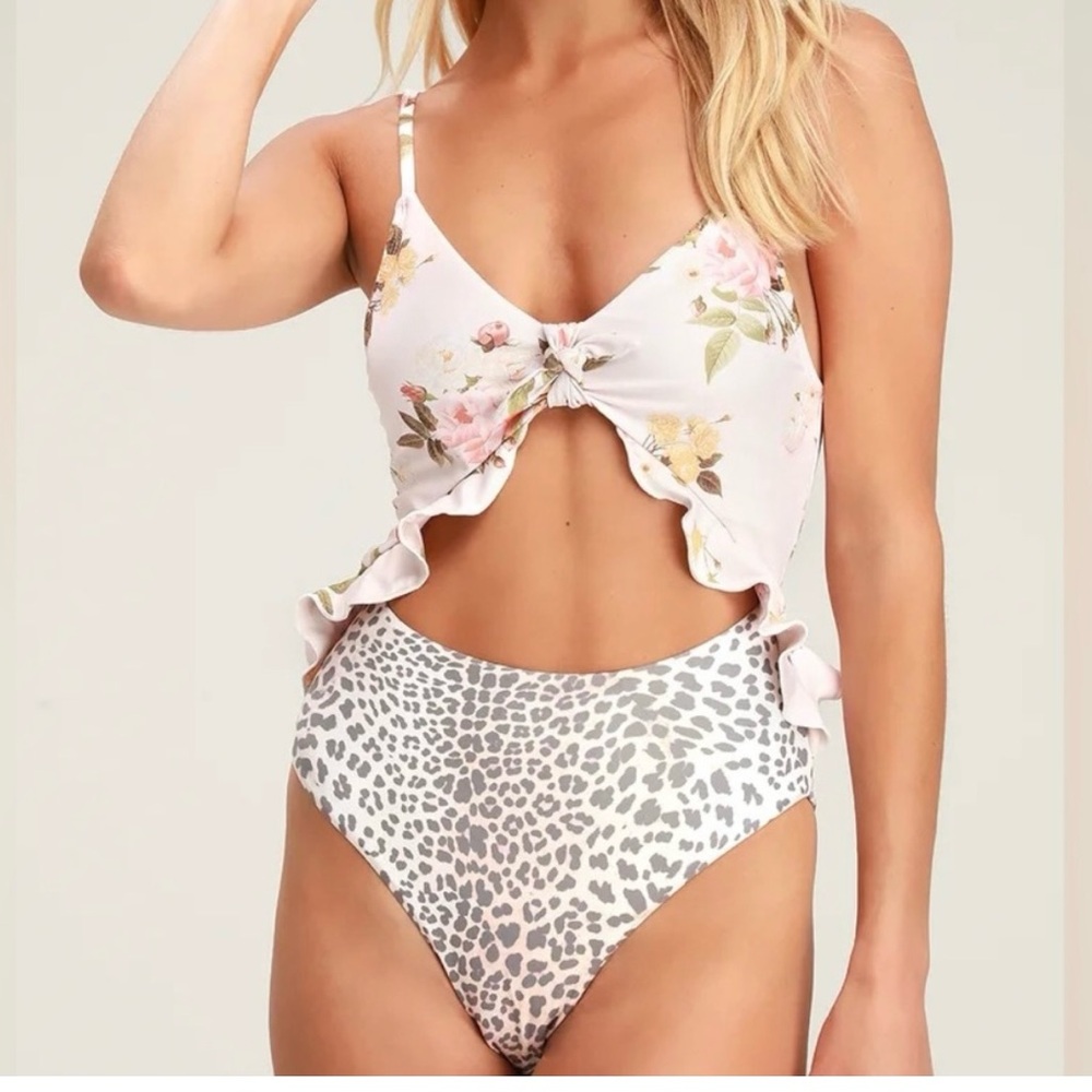 P2F Carly Blush Floral and Leopard Print Cutout One-Piece Swimsuit NWT